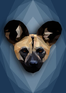 Geometrical illustration of a African wild dog on a blue violet background