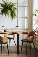 Stylish and botany interior of dining room with design craft wooden table, chairs, a lof of plants, window, poster map and elegant accessories in modern home decor. Template.