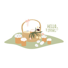 Fototapeta premium Easter basket, spring picnic. Easter cakes, wine, eggs. Vector illustration