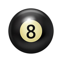 Billiard ball, black color with the number eight. Pool game. 3d realistic illustration, isolated on white background.