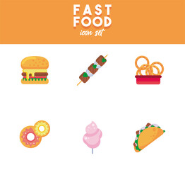 bundle of six street fast food set icons and lettering