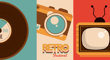 retro festival lettering poster with set icons