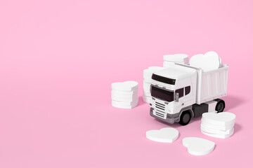 White heart put on the bus and around on pastel pink background 3d rendering. 3d illustration Travel of love and Valentines Day greeting card template minimal concept.