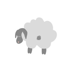 Fluffy gray sheep drawn in a vector in a doodle style. Cute cartoon animal. Badge for childrens posters, art prints, fashion clothes or labels, postcards