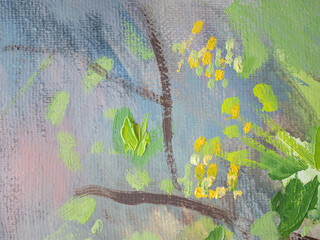 Spring nature background. Calm tranquility wallpaper with fresh green leaves and branches. Oil painting on canvas weathered texture with brush strokes.