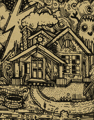 Hand drawn house. Doodle illustration with a beautiful landscape and graphic spirit.