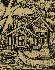 Naklejka premium Hand drawn house. Doodle illustration with a beautiful landscape and graphic spirit.