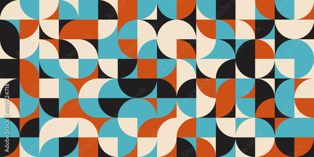 Fototapete Modern vector abstract  geometric background with circles, rectangles and squares  in retro scandinavian style. Pastel colored simple shapes graphic pattern.