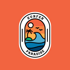 Surfer Surfing Paradise Sticker Badge Label Minimalist Flat Retro Vintage Logo design Inspiration