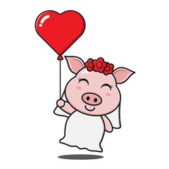 cute pig girl holding love balloon