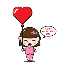 girl holding love balloon and saying happy valentine day