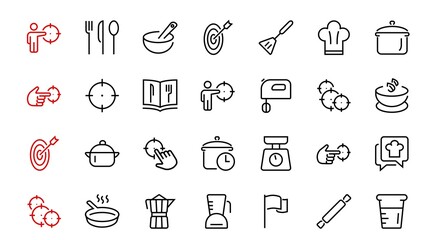 Set of icons for cooking and kitchen, vector lines, contains icons such as a knife, saucepan, boiling time, mixer, scales, recipe book. Editable stroke, perfect 480x480 pixels, white background
