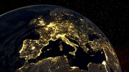 Europe from space, earth lights from space, city lights from space, EU satellite view 3D render