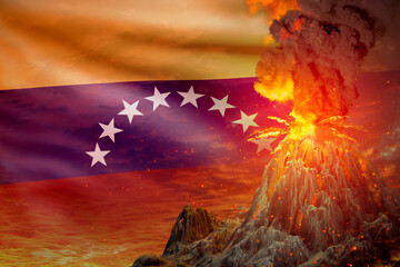 big volcano eruption at night with explosion on Venezuela flag background, problems of natural disaster and volcanic earthquake concept - 3D illustration of nature
