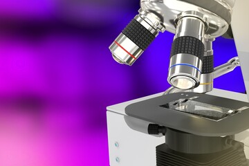 vaccine development concept, lab modern scientific microscope on selective focus background - object 3D illustration