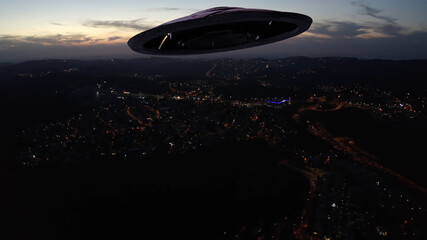Naklejka na ściany i meble Large Alien spaceship sacuer ufo silhouette over city at sunset, , Drone view over Jerusalem with Large flying Sacuer Shadow silhouette, visual effect element, invasion sci fi concept 