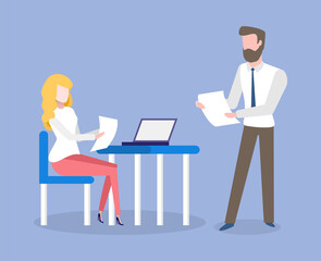 Man and woman characters holding paper report, worker sitting at desktop with laptop, portrait view of employees, monitor of computer, teamwork vector