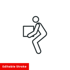 Lifting weights, box, man icon. Simple line style for web template and app. Lift, back, pain, boy, carry, vector illustration design on white background. Editable stroke EPS 10