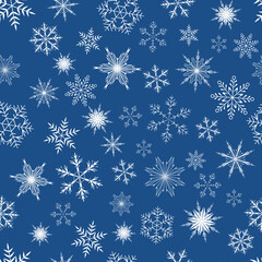 Fototapeta na wymiar Vector seamless pattern of white snowflakes on a blue background. Winter illustration for decorating fabrics, textiles, paper, printing, clothing, invitations, gifts, etc