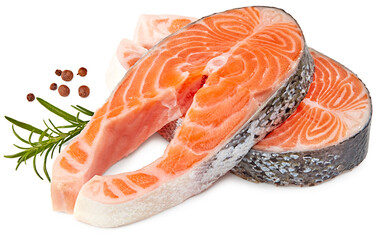 slice of raw fish, salmon, trout, steak, isolated on white background, clipping path, full depth of field