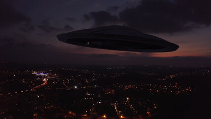 Large Alien spaceship sacuer ufo silhouette over city at sunset,
, Drone view over Jerusalem with...