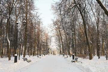 City park at sunny frosty winter day. White Rotunda in the Alexander garden in Kirov, Russia....