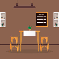 elegant table and chairs with wine in shelfs restaurant scene