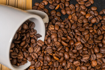 coffee mug and grains beans seed roasted