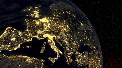 Europe from space, earth lights from space, city lights from space, EU satellite view 3D render