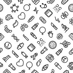 Seamless Pattern Abstract Doodle Elements Hand Drawn Collection Medicine Vector Design Style Background Medic Syringe Tablet Heart Illustration Cartoon Icons