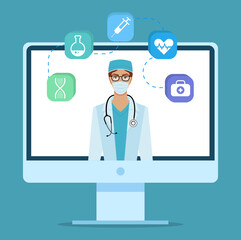 Female doctor with phonendoscope on the monitor. Medical internet consultation. Healthcare web service. Masked girl with glasses on the screen. Woman surrounded by icons with medical symbols