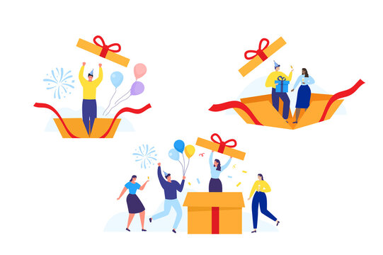 Birthday Party. People celebrating. Surprise. Gift box. Vector