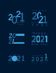 bundle of six happy new year celebration letterings in blue background