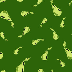 Food seamless fruit pattern with random pear ornament. Green colored artwork print.