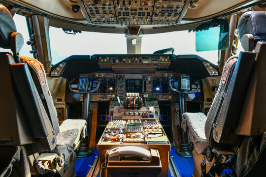 Interior view of modern instruments in cockpit airplane