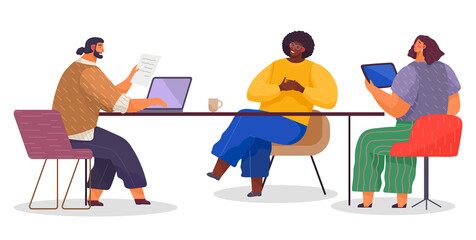 Teamwork communication, communicating office workers, woman sitting at table with tablet talking with colleagues men, businesspeople discussing work moments, strategy, partners, brainstorming