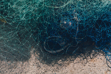 Textura de red de pesca azul.