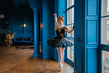 Ballerina poses in front of a large window, standing on the windowsill. Girl in a dark blue ballet...
