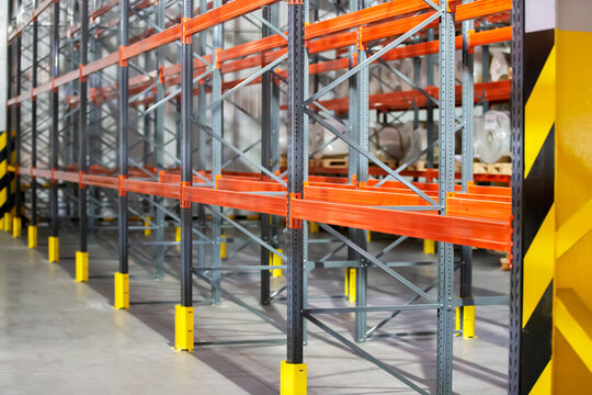 Metal structure of warehouse shelves for storing products.