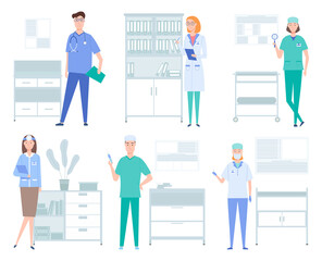 Set of illustrations about doctors work with equipment and instruments. Medical services concept. Patient health research and treatment. Provision of physician services in a medical institution