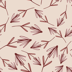 Random semaless nature pattern with simple outline flowers ornament. Pink pale background.