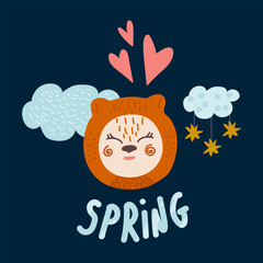 Fashion baby bear greeting card. Illustration of a bear with the inscription Spring. For a gift of Stars, Clouds, Hearts. For posters and fashionable children's clothing. Vector illustration