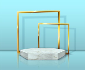 3d realistic vector marble hexagon stand and golden frames of blue background.