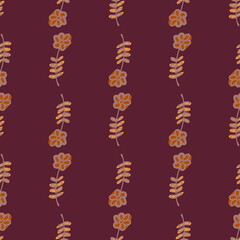 Decorative seamless pattern with simple hand drawn flowers ornament. Maroon background.