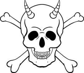 human skull with fangs, horns and crossed bones vector illustration 