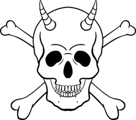 human skull with fangs, horns and crossed bones vector illustration 