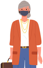 Female character is using a mask. Girl in overalls is posing. Young person in medical mask isolated on white background. Self-isolation during quarantine and pandemic. Woman wearing face mask