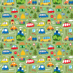 Cute Cars Seamless Pattern, Cartoon transportation Doodles Background, vector Illustration