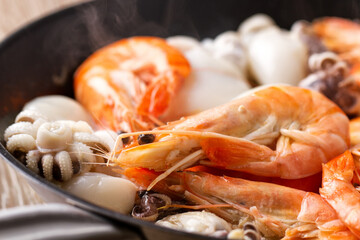 Seafood Preparation in a Pan. High quality photo.