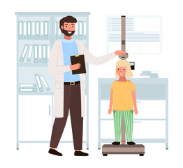 Doctor measures the child s height. Patient on consultation in medical office with a doctor. Girl on medical check-up with male pediatrician doctor. Physical examination of the growth process